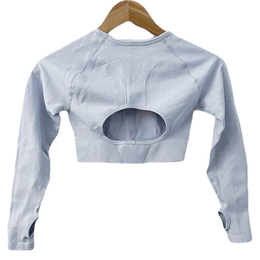 Jollmono Seamless Long Sleeve Open Back Crop Top Gray Size S - Picture 4 of 9